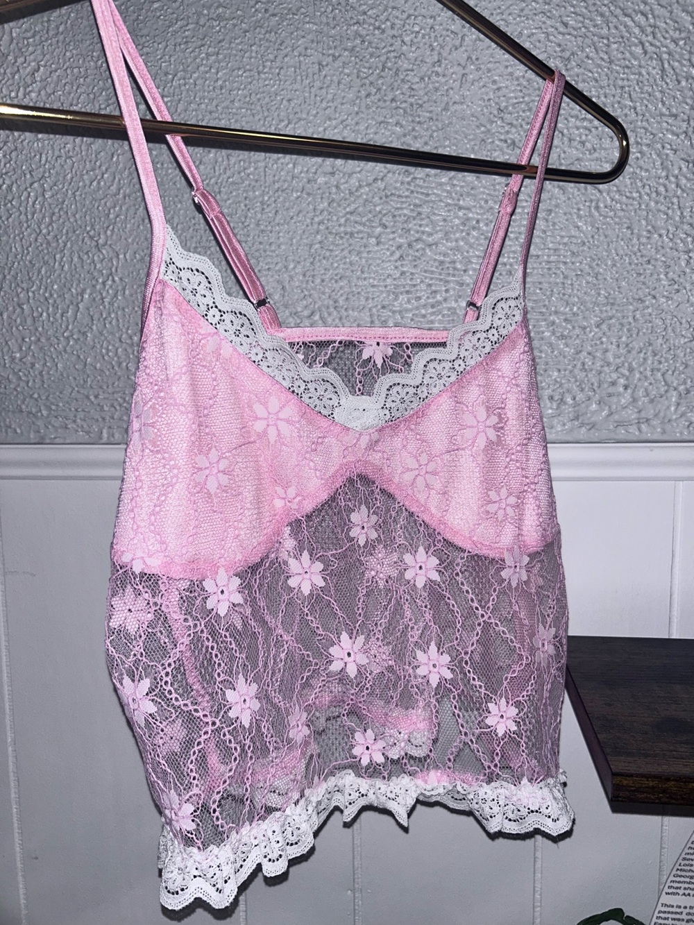 Sheer Pink Lace Camisole with White Trim - Women's Intimates